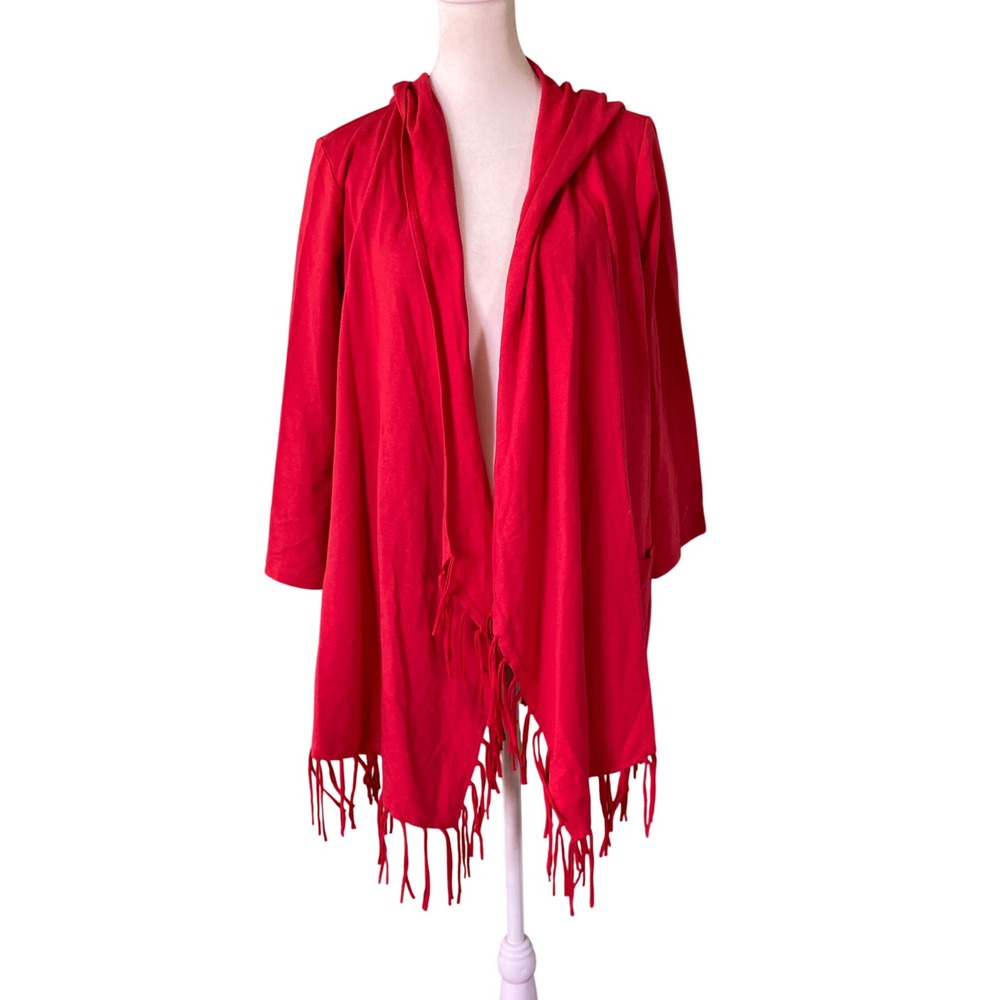 Chico's Zenergy Holly Hooded Cardigan Fringe Red Open Front Jacket Boho (Size S)